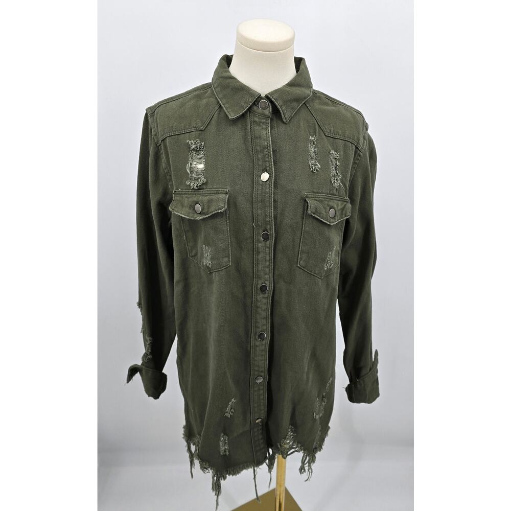 Kell Parker Grunge Boho Distressed Cotton Utility Shacket in Autumn Olive